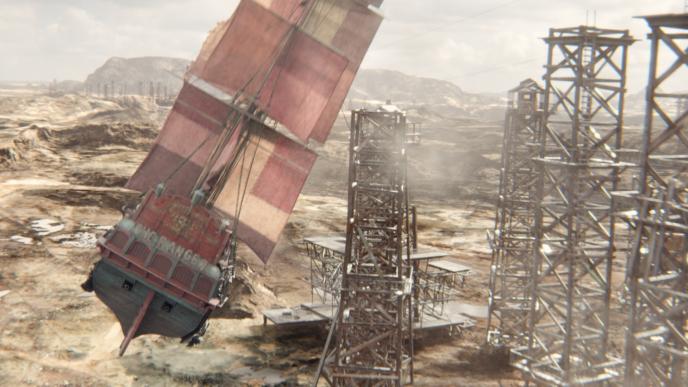 back view of captain hook's sail ship the ranger floating through air moving into the ground. there are wooden towers and mountainous terrain around the area
