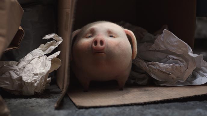 a cg animated photorealistic piggy bank with an afraid expression hiding between cardboard and paper