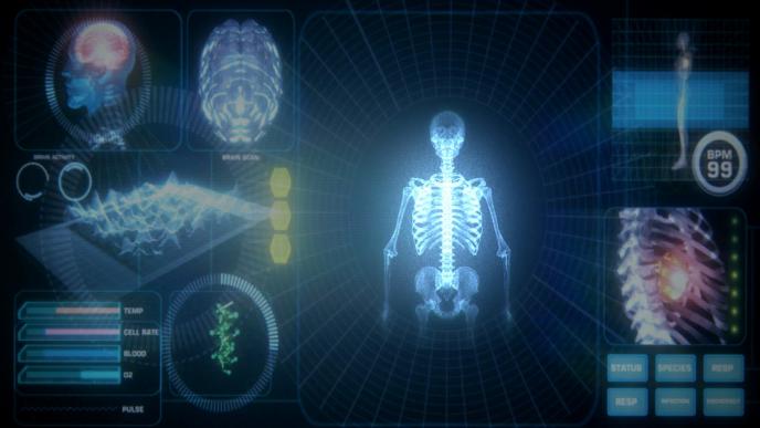 an x-ray of a skeleton with medical infographics on the sides