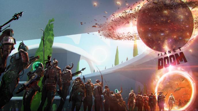 side view of ready player one avatars queuing up to enter a portal to planet doom as the planet hovers above
