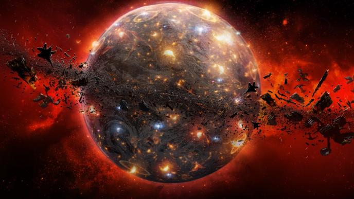 concept art of planet doom encirled with space debris