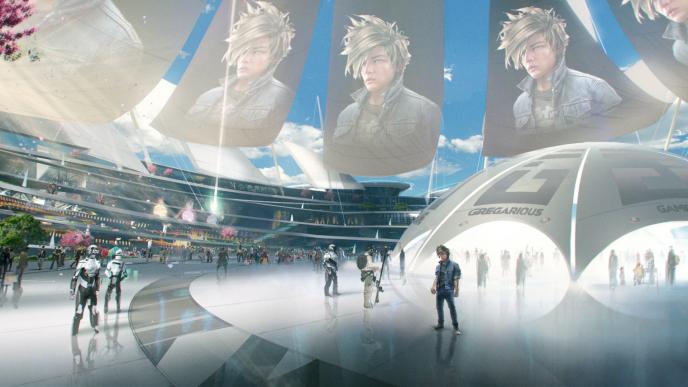 concept art of parzival standing amongst a crowd with screens displaying their face