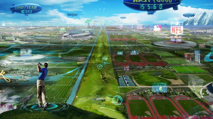 concept art of ready player one that is full of holographic games set out across fields