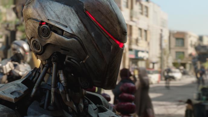 face close up of the helmet of an em-208 humanoid android