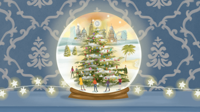 cartoon animation of a lit up christmas globe that has two christmas trees with people ice skating inside it