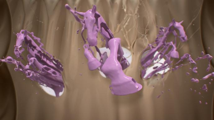 cg animation of purple paint splatter in the formation of three horses