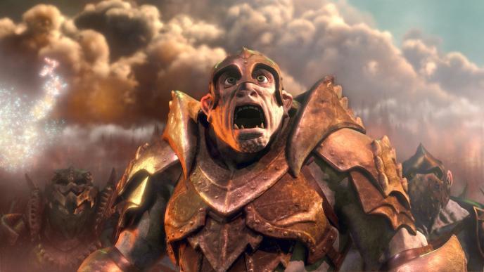 cg animated fire warrior creature looking up in terror and shock as war smoke covers the sky