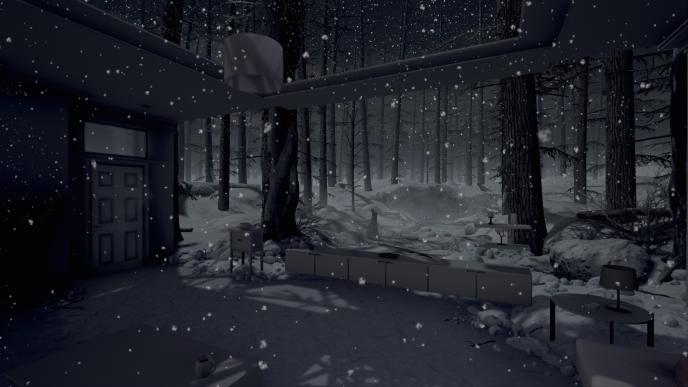 an animated living room without walls or a ceiling in the middle of a snowy dark forest