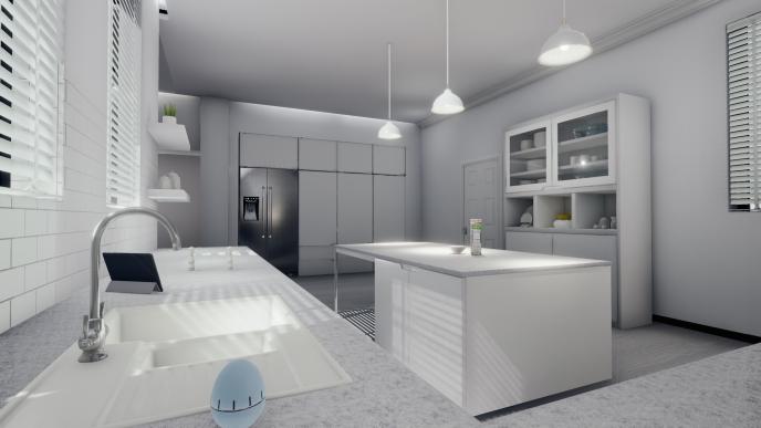 a cg animated plain white kitchen