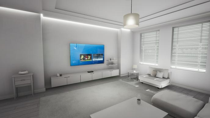 an animated plain white living room with the tv on
