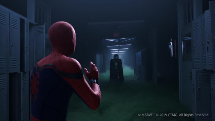 back view of spider-man standing in a face off with mysterio in a dimly lit high school hallway