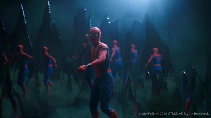cg animated photorealistic spider-man standing amongst large shards of mirrored glass