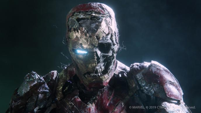 close up shot of a zombified iron man looking into the camera