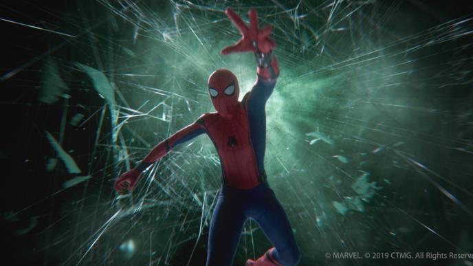front view of spider-man falling through spider webs surrounded in green mist