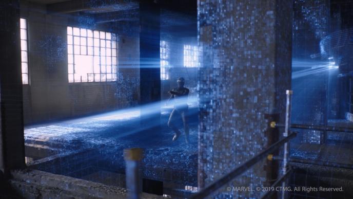 spider-man standing in a construction building that is pixelated in blue lights