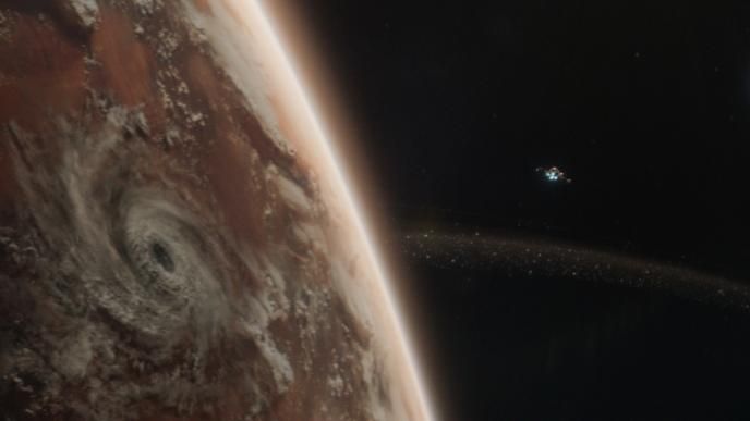 animated planet in space as a spaceship floats by next to it