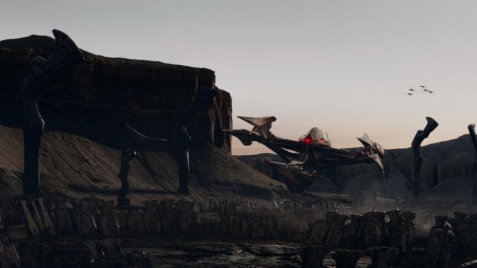 animated extra terrestrial planet. there is a spaceship near a canyon and five spaceships flying in the backgrond