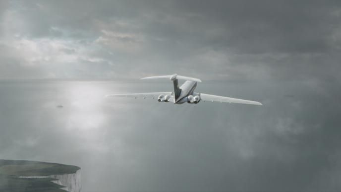 back view of a plane flying over the coast of england
