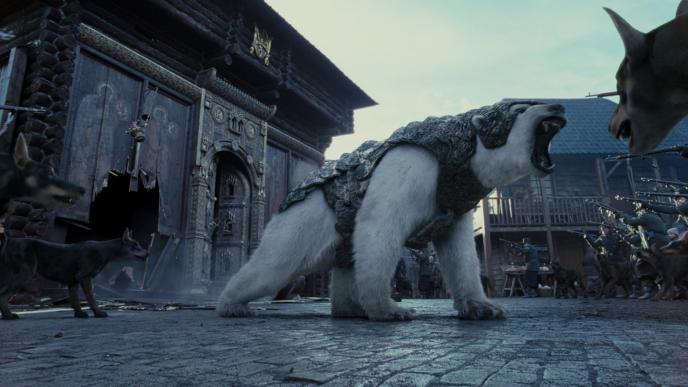 panserbjorn polar bear iorek byrnison roaring as dogs and soldiers with guns circle him
