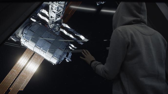 back view of a person watching an astronaut falling out of a space shuttle satellite with a hand pressed against the window