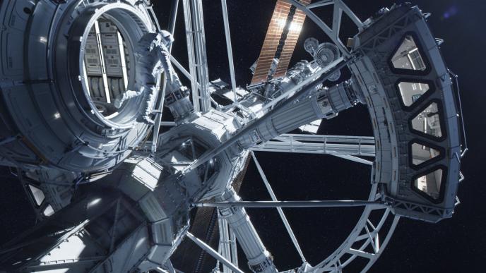 an enormous circular space station with copper satellites and an astronaut floating to the left of an open entrance to the space station as thousands of stars twinkle in the background