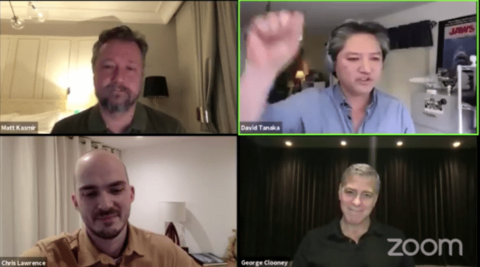 matt kasmir, david tanaka, chris lawrence and george clooney on a zoom call