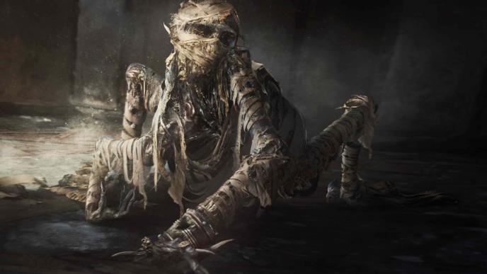 concept art of a cursed mummy crawling like a zombie on the floor