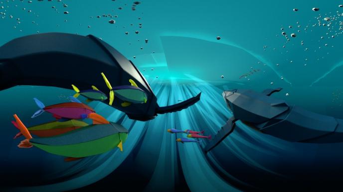 animated vr reality of the ocean. there are whales and large fish swimming