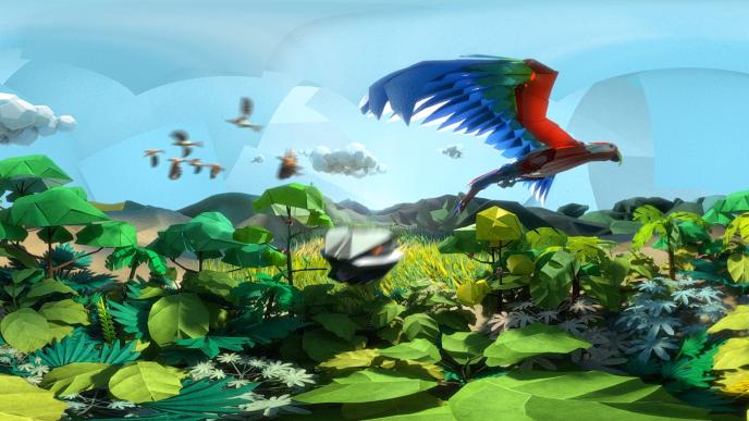 animated vr reality of a tropical forest. a parrot and birds are flying in the sky