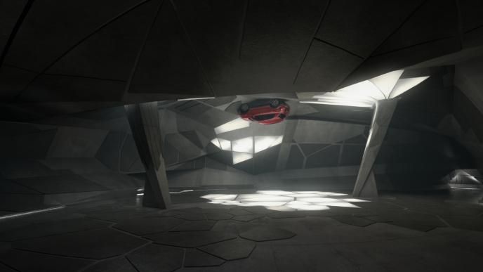 a red fiat 500x car on the ceiling of a concrete building