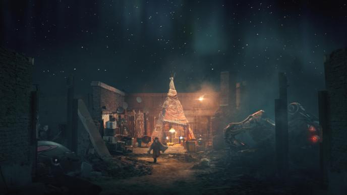 safehouse made out of scraps and broken objects set under a twinkling night sky