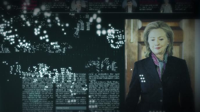 senator hillary clinton edited along with computer graphics made up of dots and lines