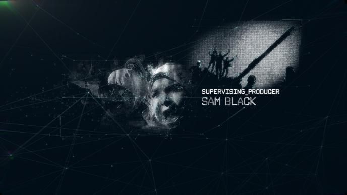 war and people graphics made up of dots and lines with the text 'supervising producer sam black' placed on the right