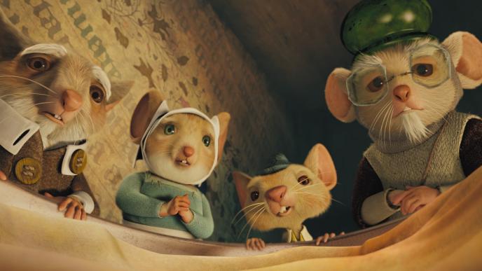 perspective from inside of a cot as four mouse characters from despereaux are looking inside