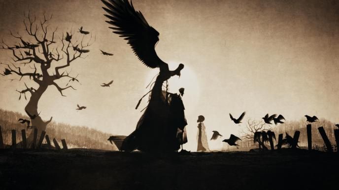 graphic silhouttess of death with wings walking a man towards a child wearing silvery cloak. there are crows flying around them