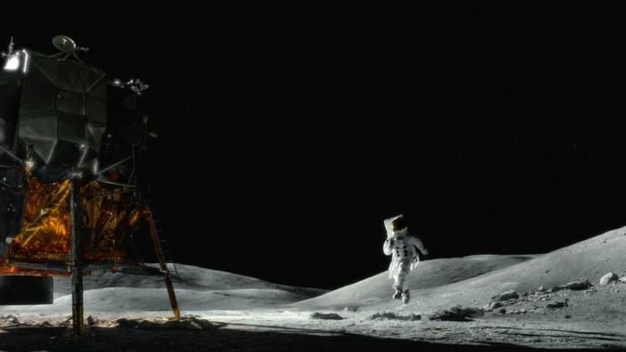 cg animation of an astronaut walking on the moon. a space shuttle is in the corner 