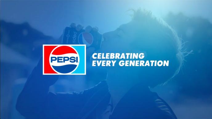 pepsi logo next to text 'celebrating every generation' in front of a person drinking out of a pepsi can