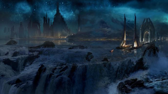 concept art of asgard city at night