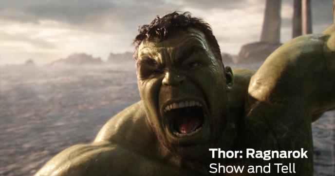 angry hulk roaring with text in the bottom right corner that reads 'thor: ragnarok show and tell'