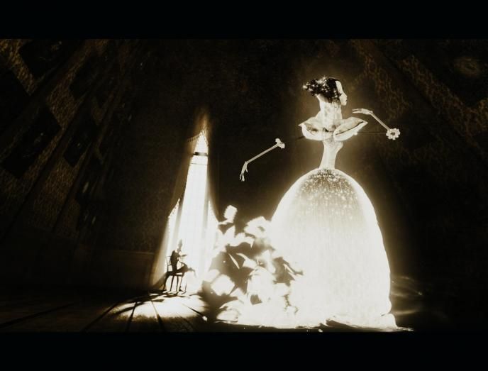 art animation of ignotus' bride dancing as ignotus watches in the backgroun