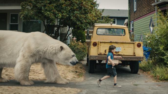 timmy failure holding a box under his arm while walking through a neighbourhood with his polar bear friend