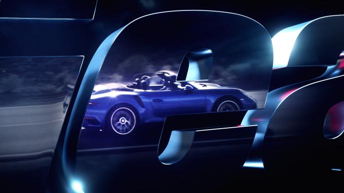 top gear titles graphics with a car in the centre of the letter 'e'