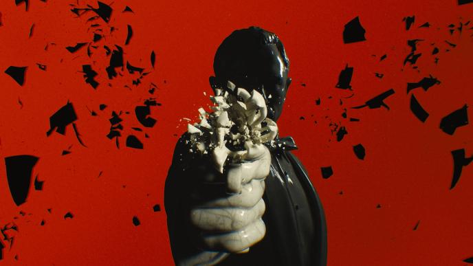 graphic design of james bond as a varnished sculture as its hand is exploding