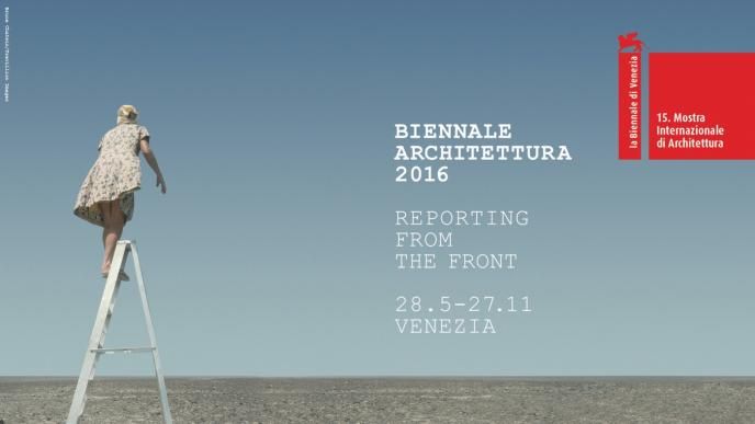 biennale architettura poster of a woman standing on top of a ladder