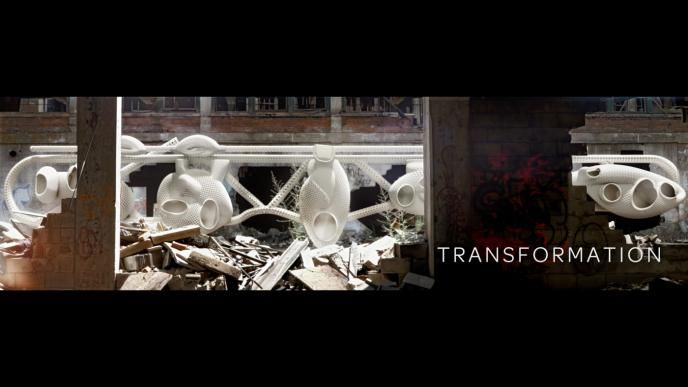 an abandone building covered in rubble surrounded in a futuristic design