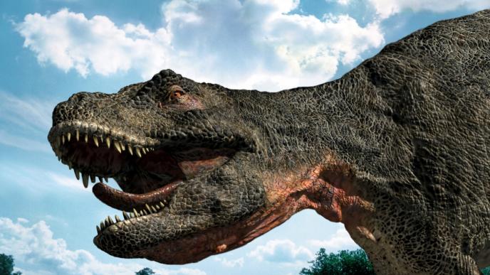 close up detail view of a cg animated t-rex dinosaur looking onwards while roaring. it has huge sharp teeth and scaly skin