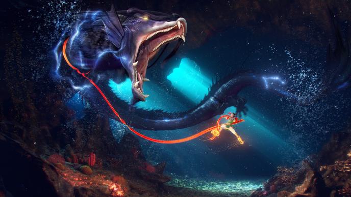 a mythical water drgaon in an underwater cave
