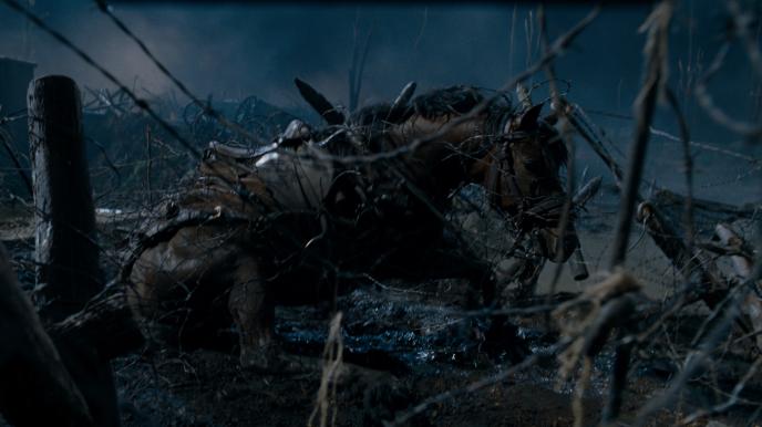 joey the horse from war horse on the ground struggling through the trenches covered in barbed wire
