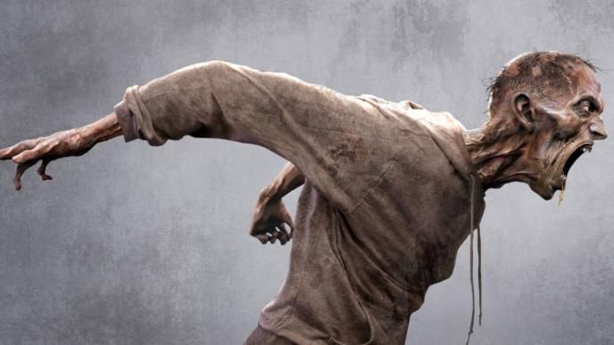 side view of a zombie groaning with its arms behind its back