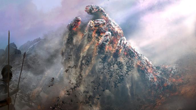 a colossal hand made of charcoal and lava rising from the ground as thousands of soldiers fall between its fingers